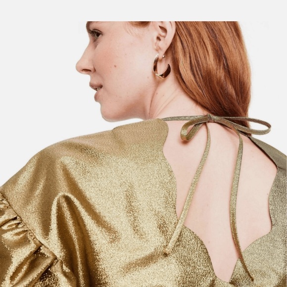 EUC Kika Vargas Dresses Puff Sleeve Scallop Back Midi Dress Large Gold - Picture 3 of 9